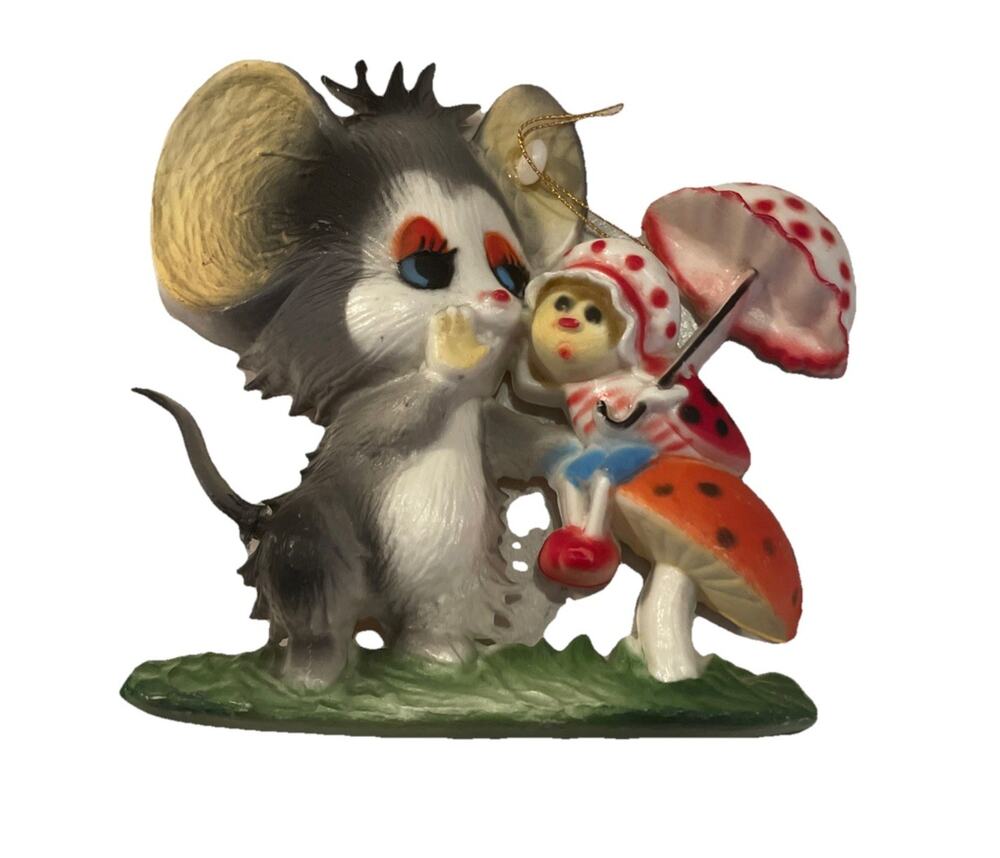 Vintage Big Ear Mouse Mushroom Ladybug Umbrella Christmas Ornament Plastic